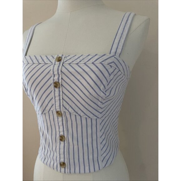 Abercrombie & Fitch Cami Corset Crop Top Size S Blue Striped Smocked Buttons - Picture 2 of 8